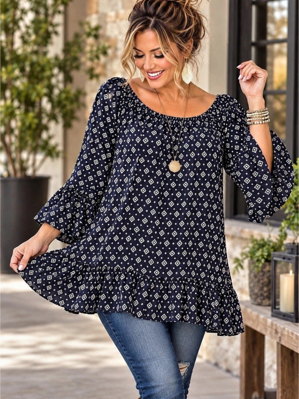 Title: Terra & Sky 0X Navy Blue Boho Peasant Tunic Top Bell Sleeves Ruffle Hem